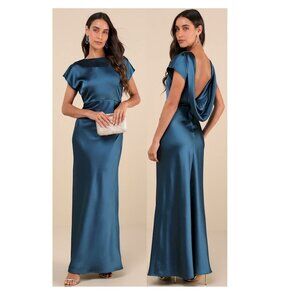 Lulus Captivating Presence Teal Blue Satin Cowl Back Maxi Dress Size Large NWT